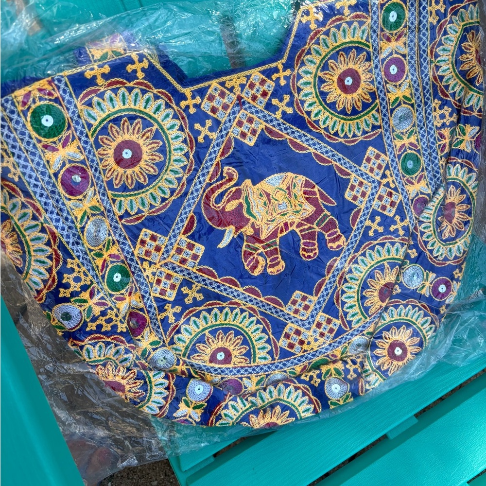 Handmade Embroidered mirror Elephant Tote Bag- royal blue